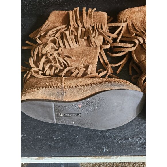 Minnetonka 3-Layer Fringe Boot Brown Suede Leather Boots Sz 9 - Picture 4 of 7